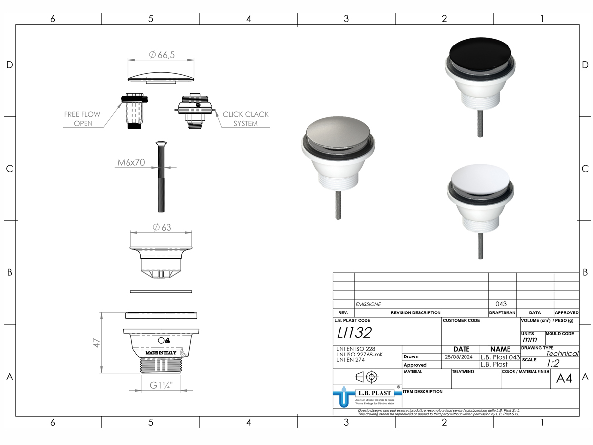 Донний клапан click-clack L.B.Plast матовий чорний