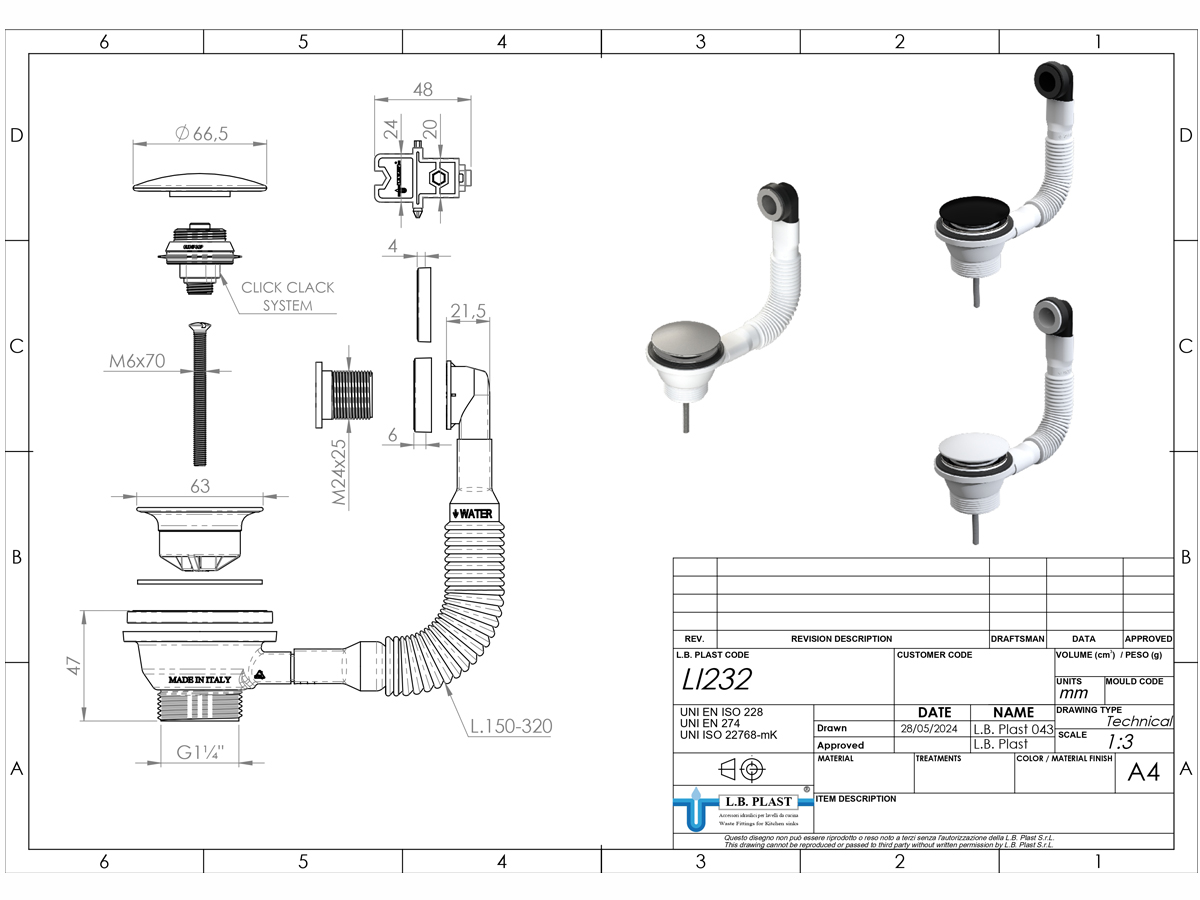 Донний клапан click-clack L.B.Plast  матовий чорний з переливом