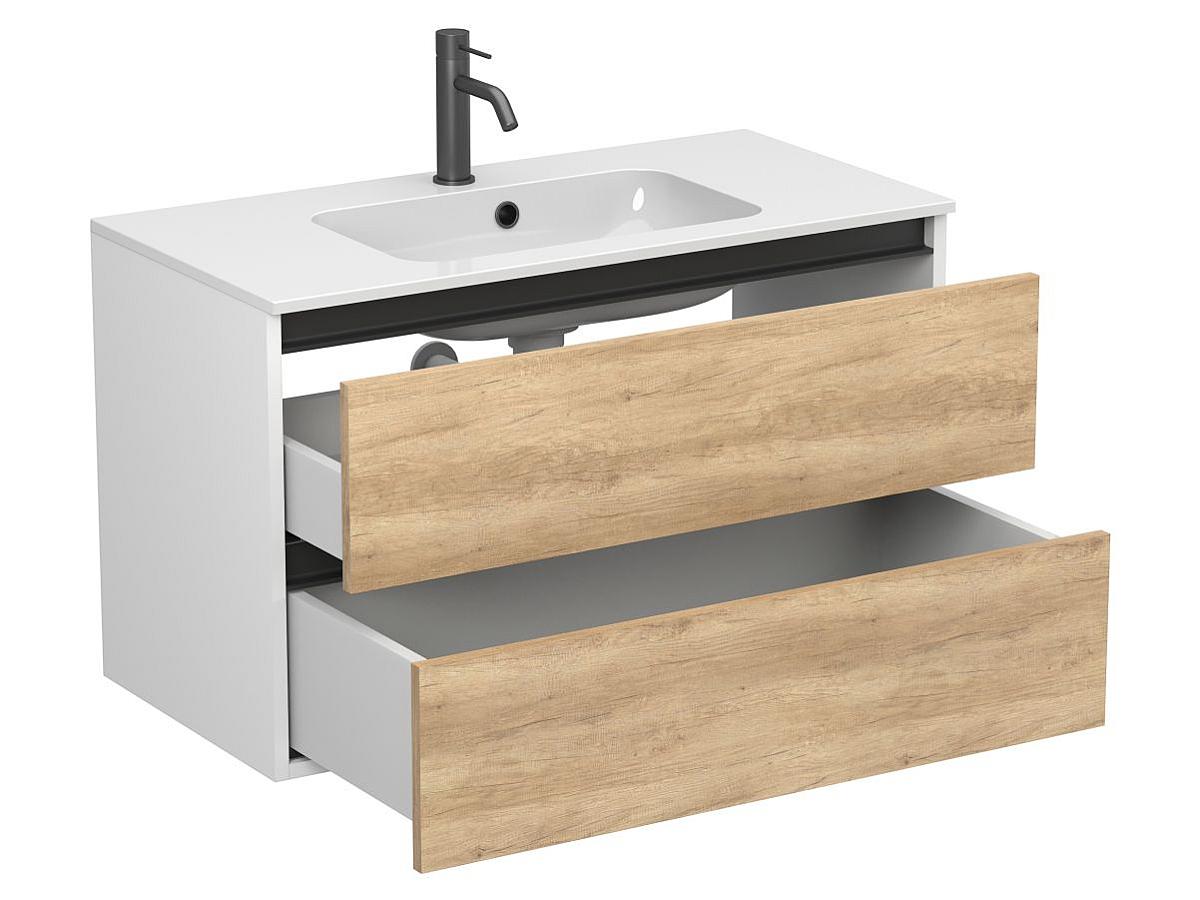 Тумба подвесная NATURA Дуб Небраска с умывальником DELLA 900