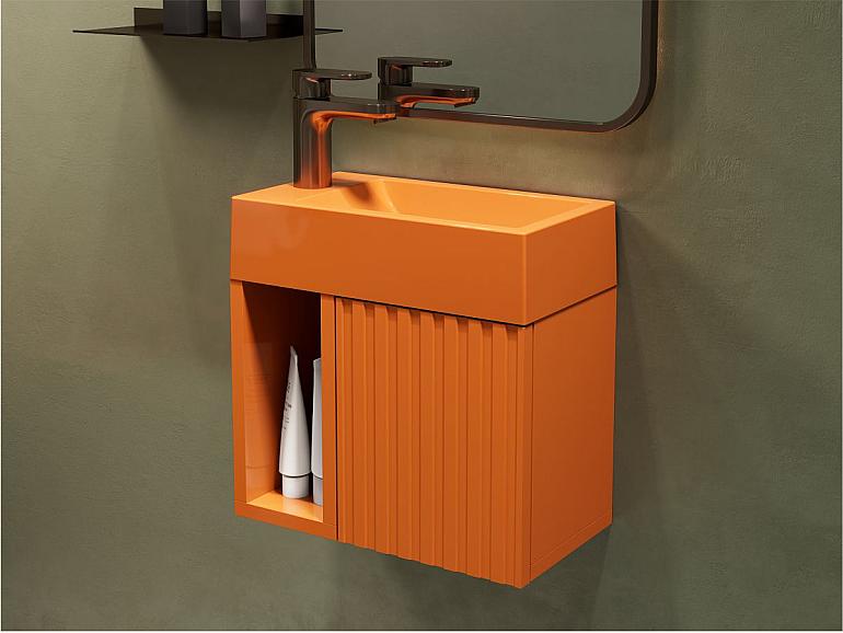 Тумба підвісна AURA Помаранчева глянцева з умивальником FARO