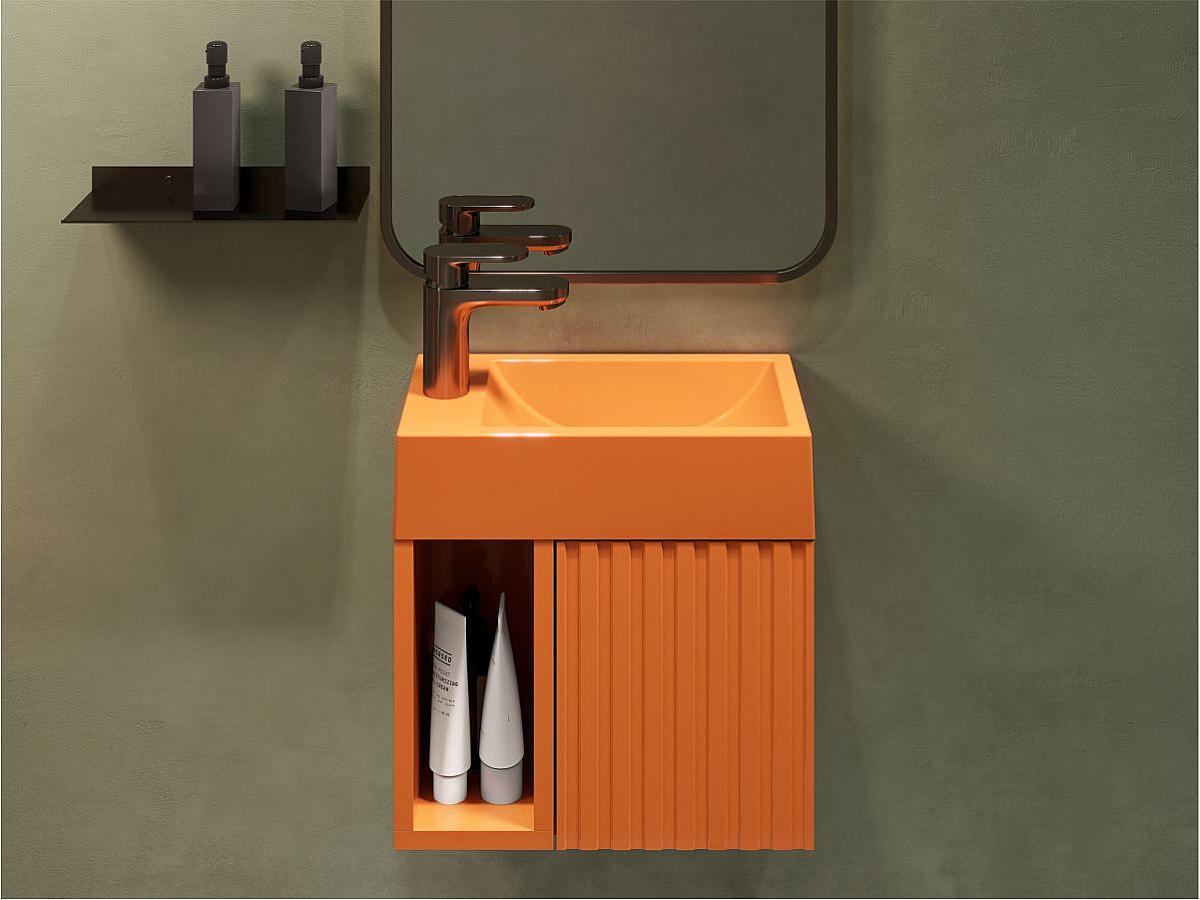 Тумба підвісна AURA Помаранчева глянцева з умивальником FARO