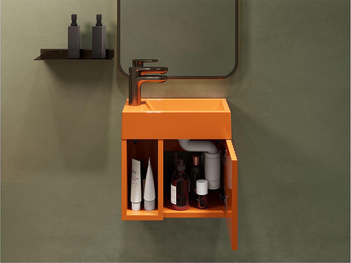 Тумба підвісна AURA Помаранчева глянцева з умивальником FARO