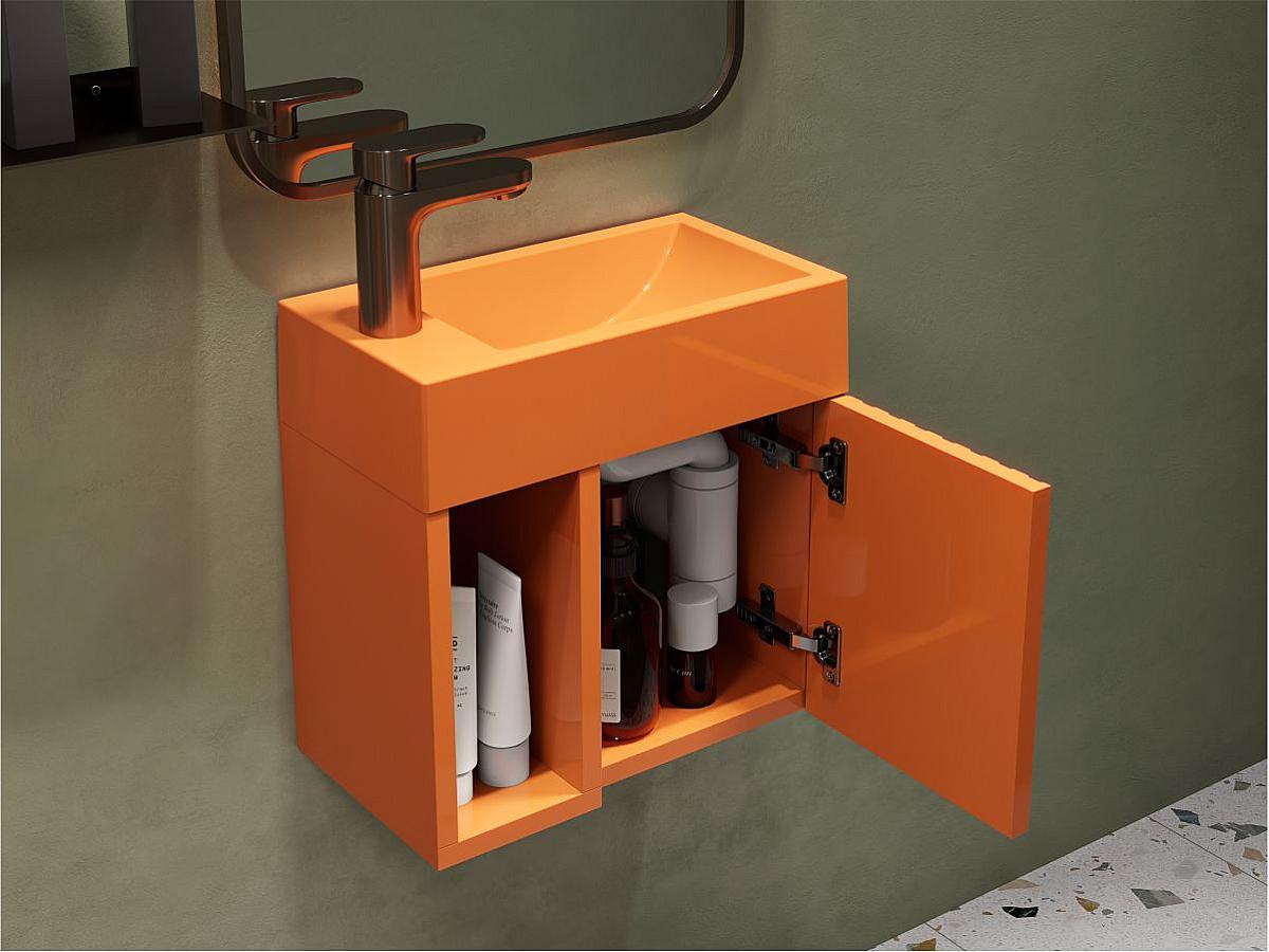 Тумба підвісна AURA Помаранчева глянцева з умивальником FARO