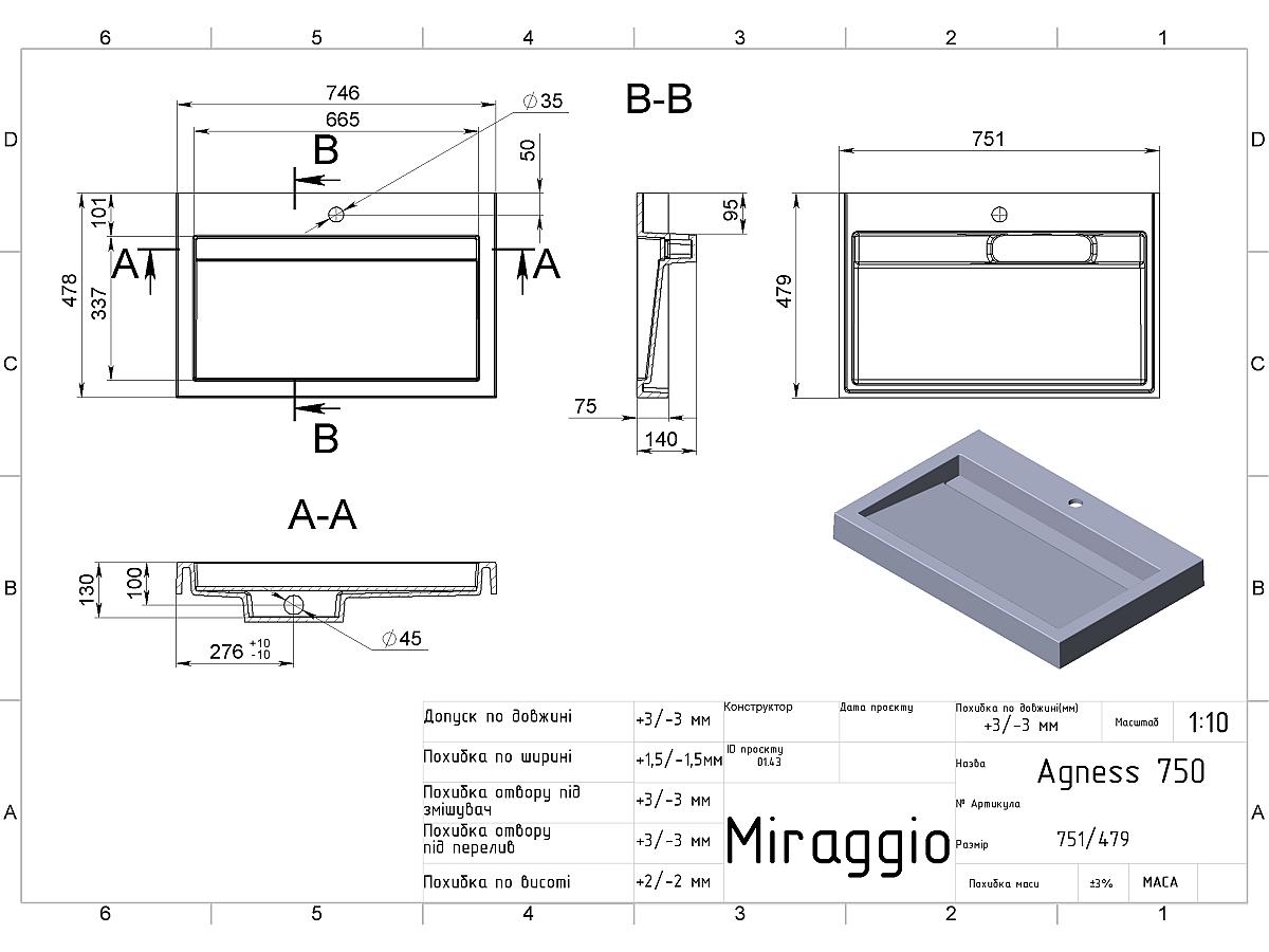 Умивальник AGNESS 750 MIRASOFT